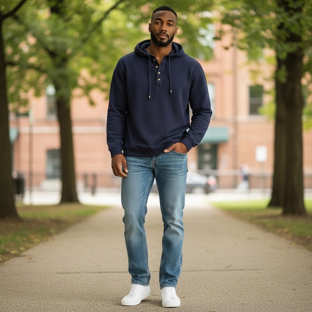Even Tide Mens 3XL Navy Blue 100% Cotton Henley Hoodie MK10113